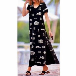 M Mac Rock Fish Midi Dress Womens Size L Black White Hand Printed Cotton Knit